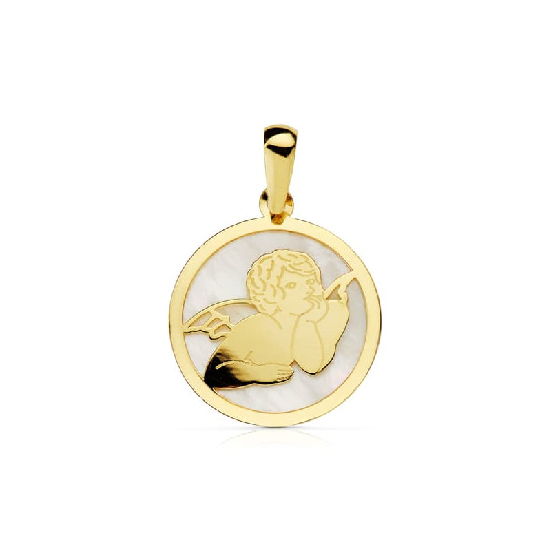 18K COLGANTE ORO AMARILLO REDONDO NACAR ANGEL 17 MM