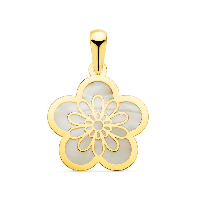 18K COLGANTE AMULETO ORO AMARILLO FLOR CON NACAR 17 X 17 MM