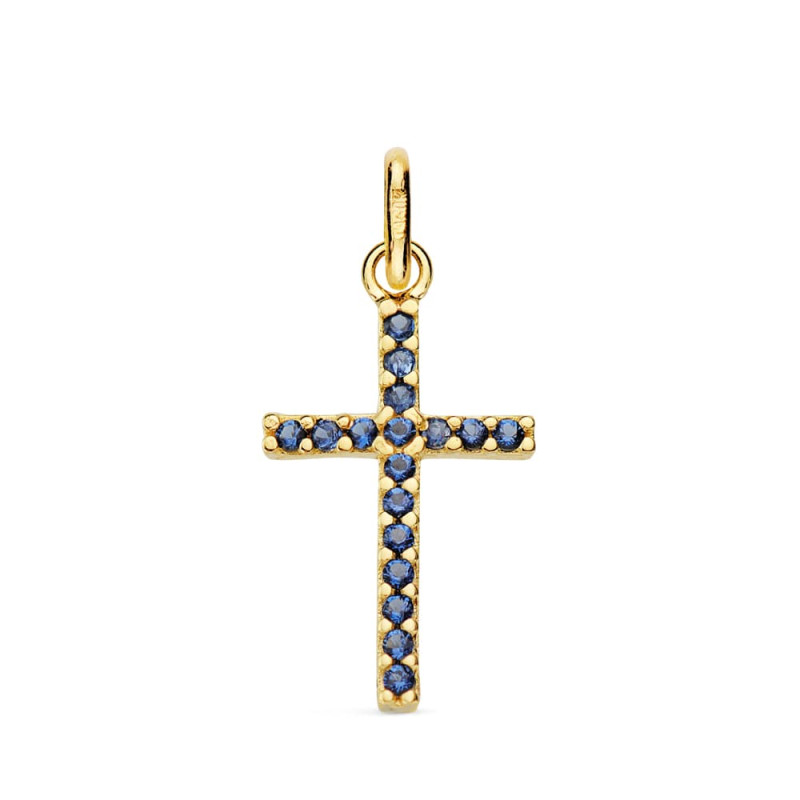 18K CRUZ ORO AMARILLO CON CIRCONITAS AZULES. MEDIDA: 18X10 MM