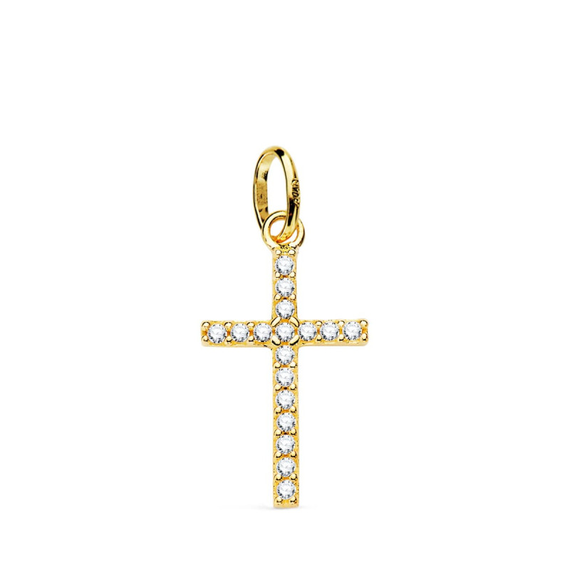 18K CRUZ ORO AMARILLO CON CIRCONITAS BLANCAS. MEDIDA: 18X10 MM