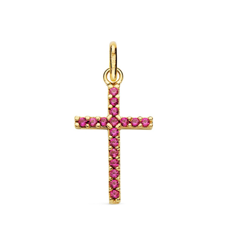 18K CRUZ ORO AMARILLO CON CIRCONITAS ROJAS. MEDIDA: 18X10 MM