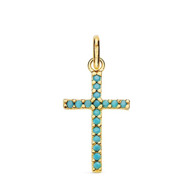 18K CRUZ ORO AMARILLO PIEDRAS TURQUESAS 16X10 MM