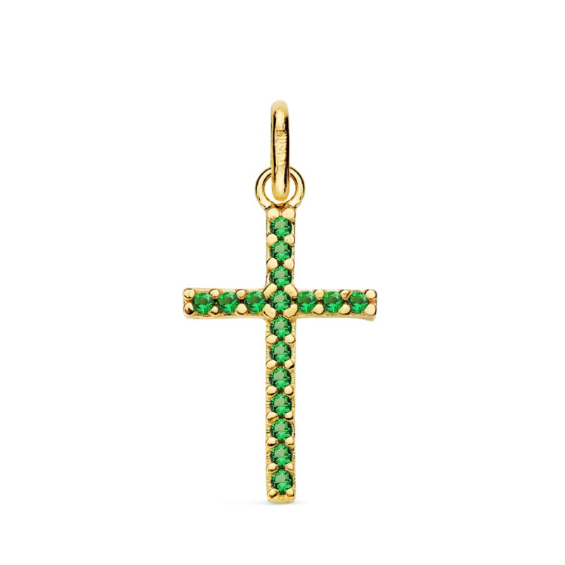 18K CRUZ ORO AMARILLO CON CIRCONITAS VERDES. MEDIDA: 18X10 MM