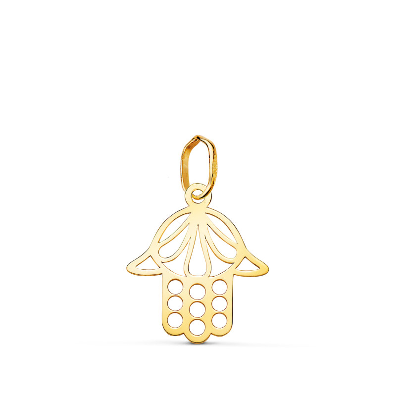 18K COLGANTE AMULETO ORO AMARILLO MANO DE FATIMA CALADA EN BRILLO. MEDIDA: 16 X 14 MM