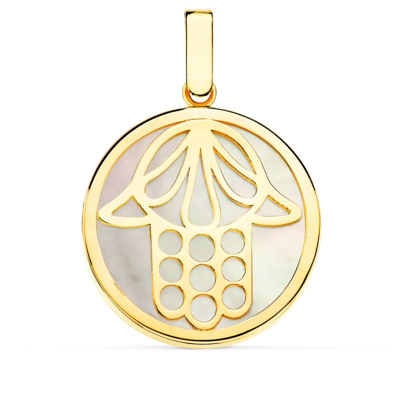 18K COLGANTE AMULETO ORO AMARILLO NACAR MANO DE FATIMA 20 MM