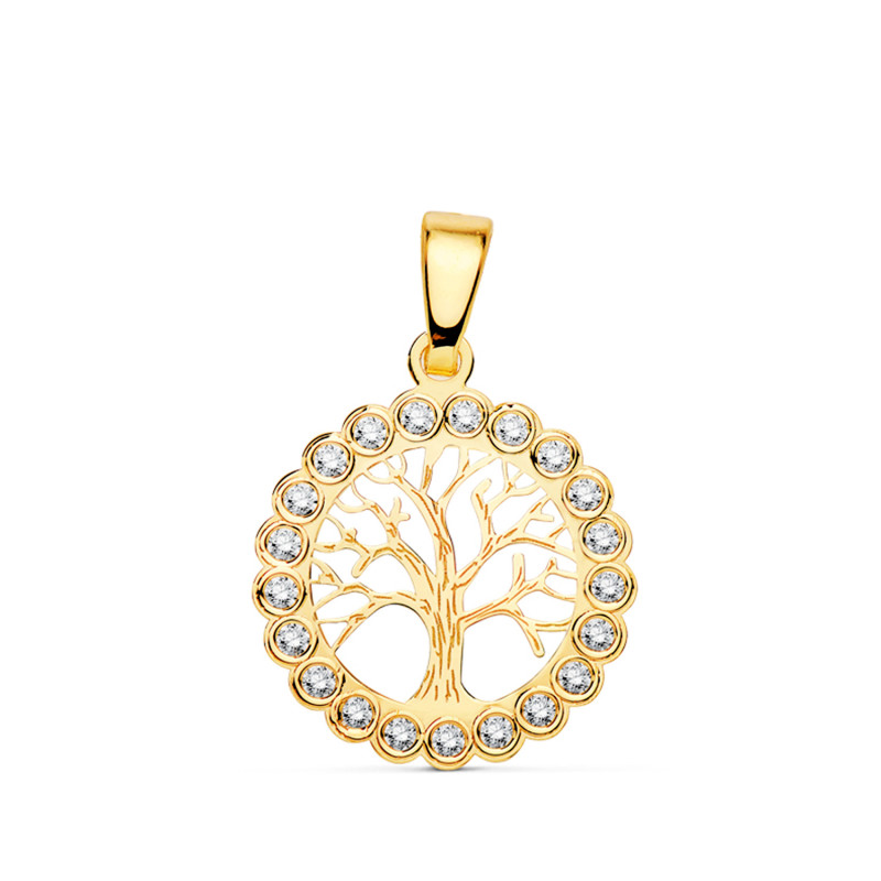 18K COLGANTE AMULETO ORO AMARILLO ARBOL DE LA VIDA CIRCONITA 15 MM