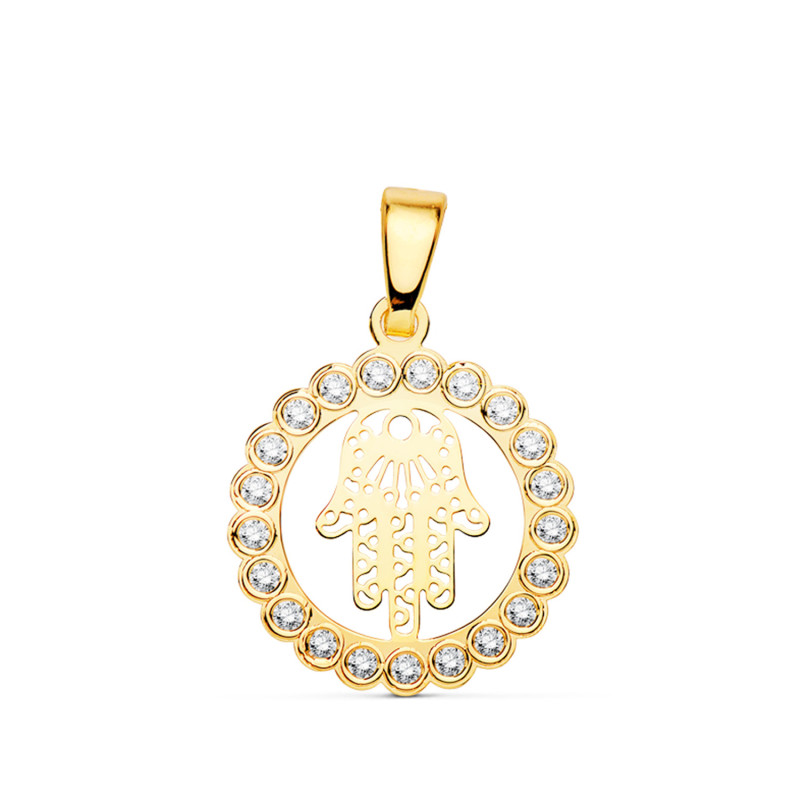 18K COLGANTE AMULETO ORO AMARILLO MANO DE FATIMA CIRCONITA 15 MM