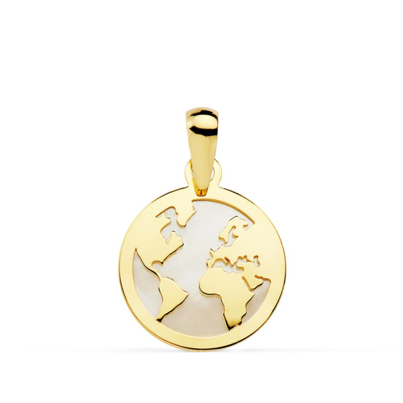 18K COLGANTE AMULETO ORO AMARILLO MAPAMUNDI NACAR 13 MM