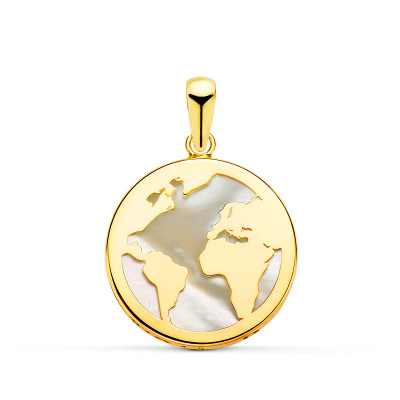 18K COLGANTE AMULETO ORO AMARILLO MAPAMUNDI NACAR 17 MM
