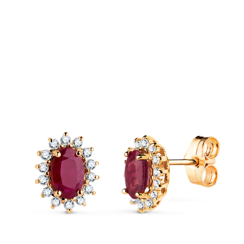 18K PENDIENTES ORO AMARILLO RUBI NATURAL 6X4 MM 1,10QT Y DIAMANTES LABORATORIO 0,280QT VS-2 G. 10X8 MM CIERRE PRESION