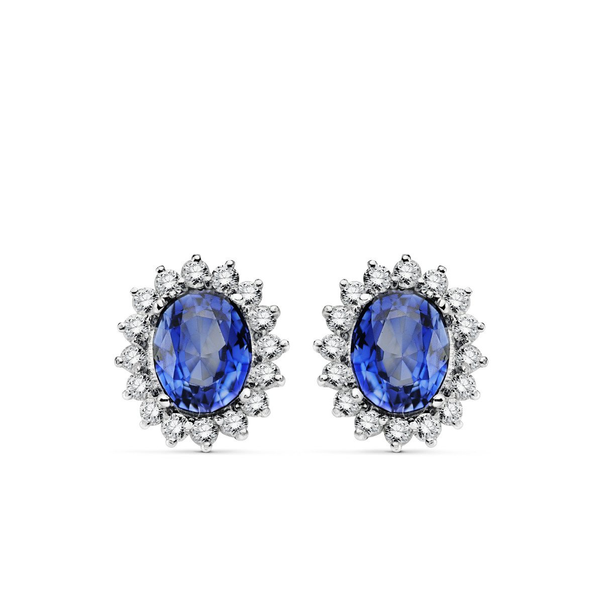 18K PENDIENTES O.BLANCO ZAFIRO DIFUSION 9X7 MM 4,94 QTS. 32 DIAMANTES LABORATORIO VS2-G 1,12 QTS. CIERRE OMEGA 14X12,5 MM