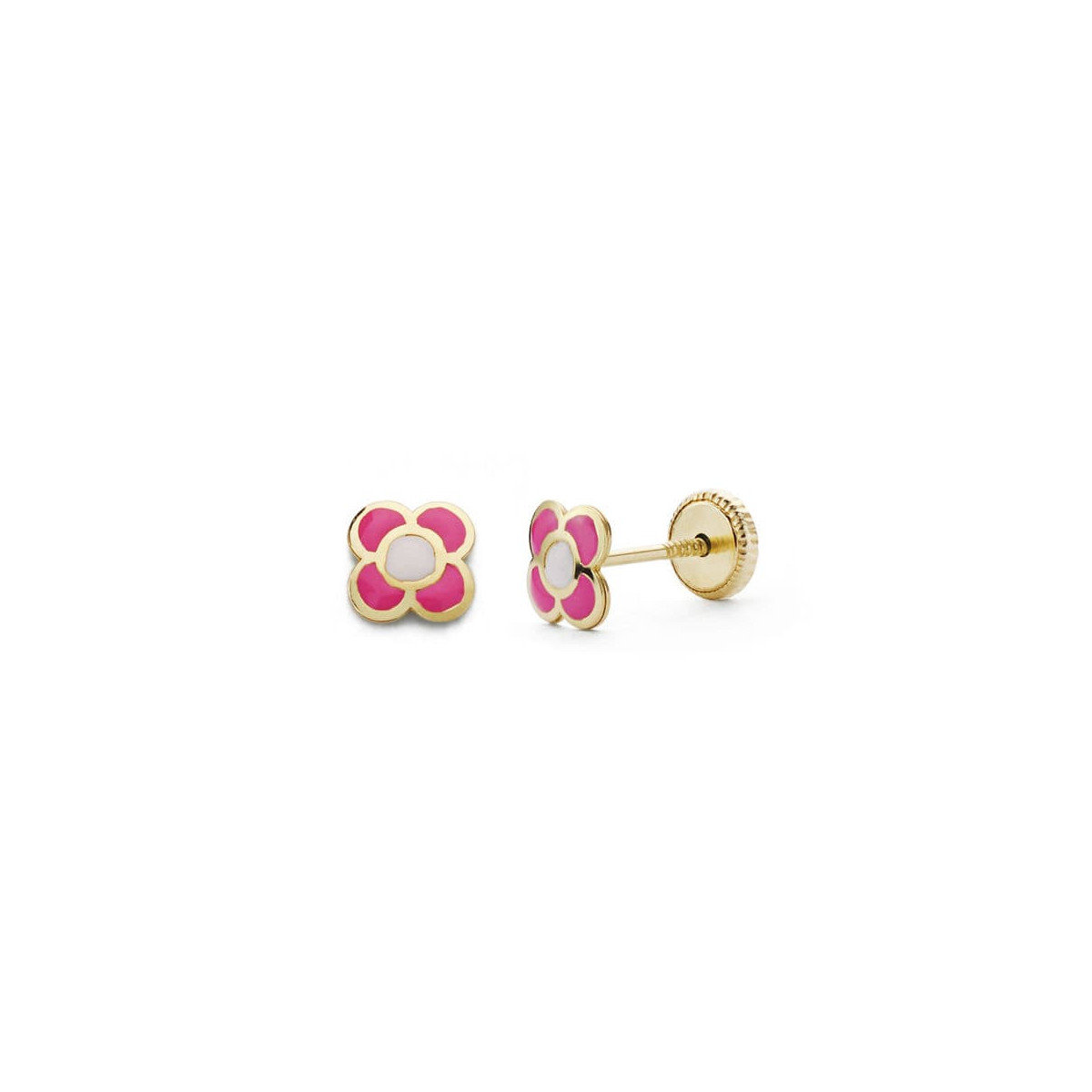 18K PENDIENTES ORO AMARILLO FLOR ROSA 6X6 MM CIERRE TUERCA