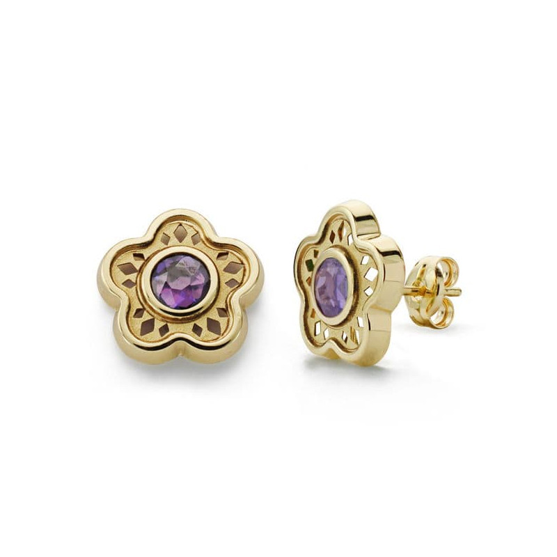 18K PENDIENTES FLOR PIEDRA COLOR AMATISTA ORO AMARILLO 11 MM CIERRE PRESION