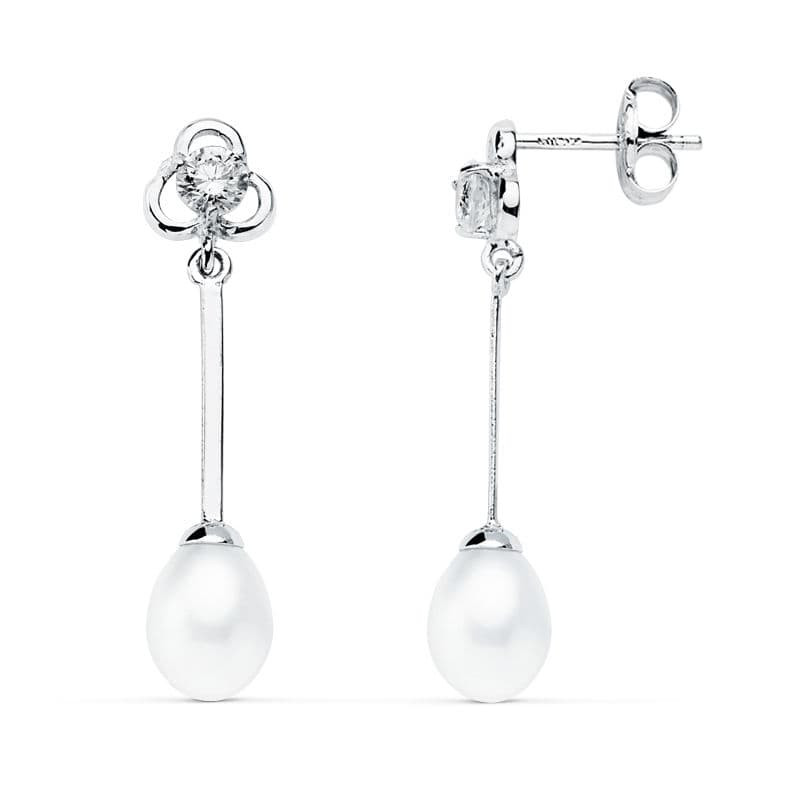 18K PENDIENTES LARGOS ORO BLANCO PERLA 27X6 MM CIERRE PRESION