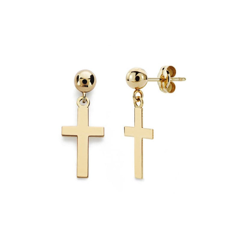 18K PENDIENTES CRUZ LISA Y BOLA ORO AMARILLO 12X7 MM CIERRE PRESION