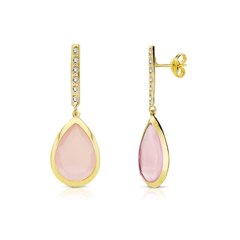 18K PENDIENTES PIEDRA ROSA 33X12 MM CIERRE PRESION