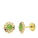 18K PENDIENTES ORO AMARILLO FLOR PIEDRA VERDE Y CIRCONITA TUERCA