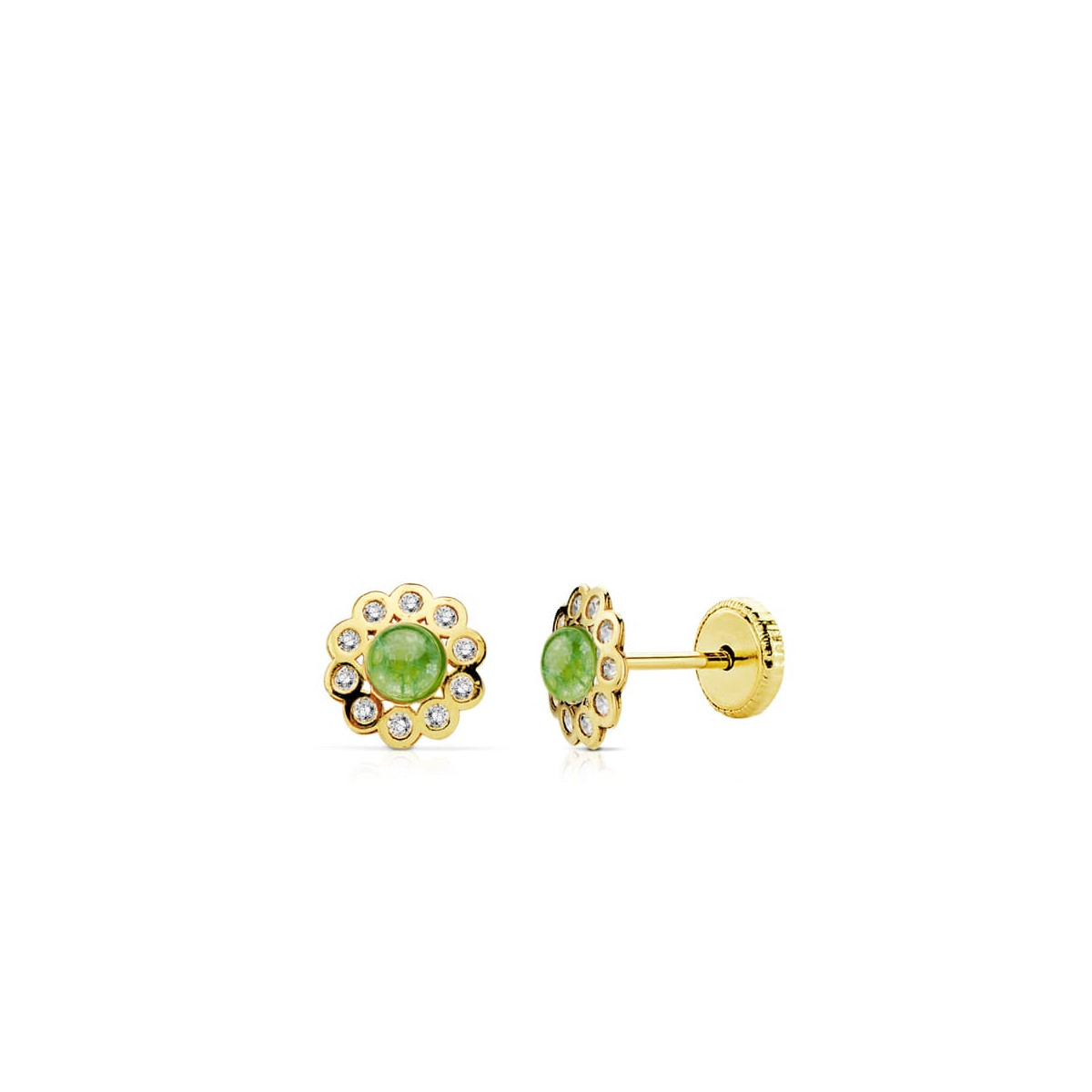 18K PENDIENTES ORO AMARILLO FLOR PIEDRA VERDE Y CIRCONITA TUERCA