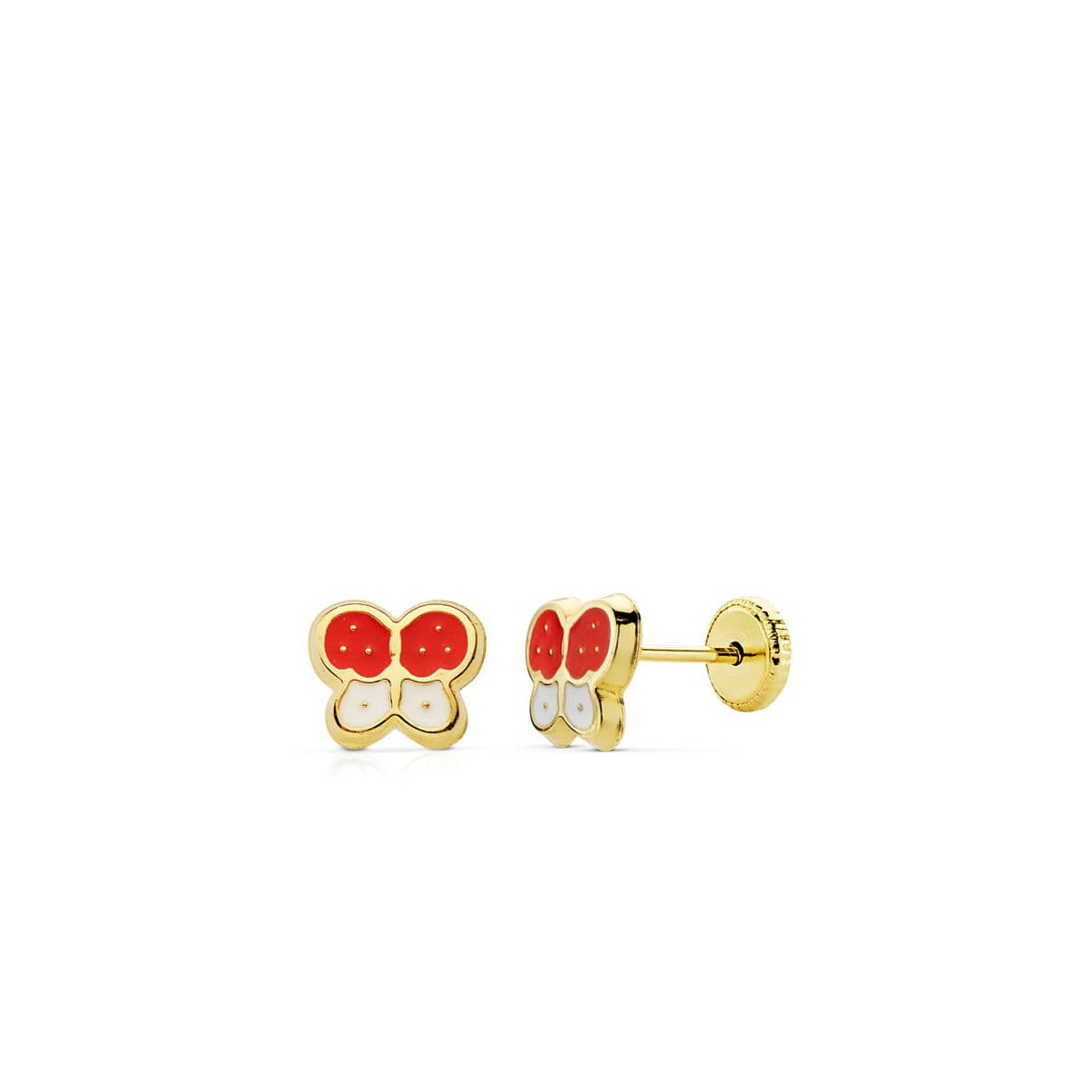 18K PENDIENTES MARIPOSAS ESMALTE ROJO Y BLANCO CIERRE TUERCA
