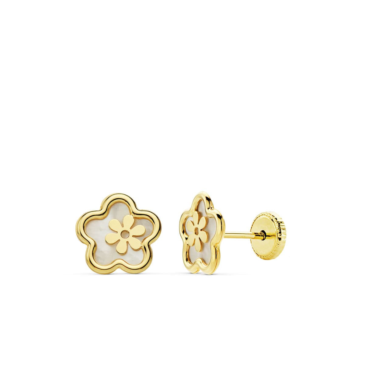 18K PENDIENTES ORO AMARILLO FLOR NACAR 8 MM TUERCA