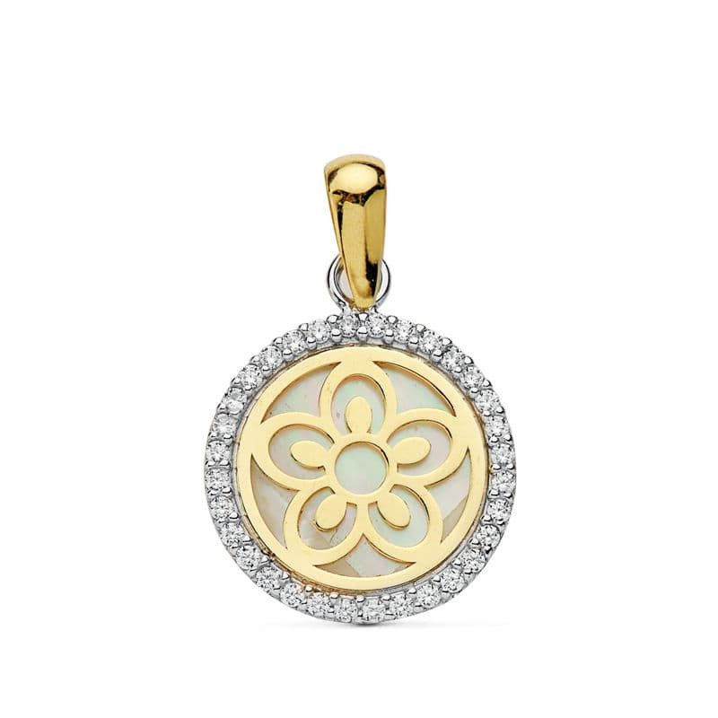 18K COLGANTE AMULETO BICOLOR FLOR NACAR 12 MM
