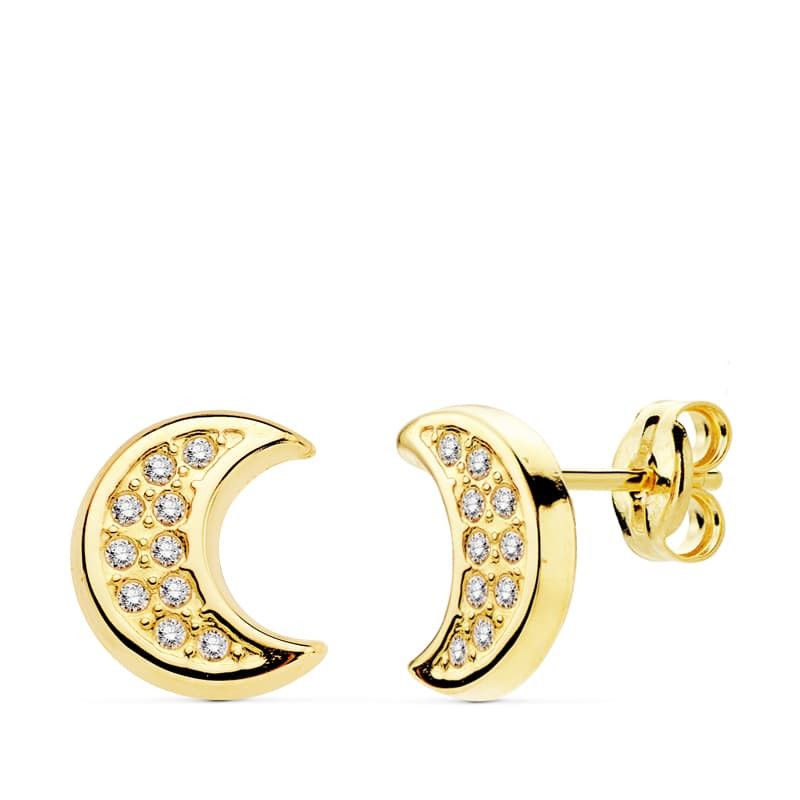 18K PENDIENTES MEDIA LUNA ORO AMARILO CIRCONITA 9 X 8 MM CIERRE PRESION