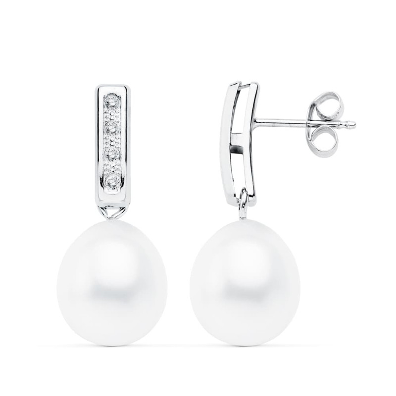 18K PENDIENTES ORO BLANCO PERLA 24X9 MM CIERRE PRESION