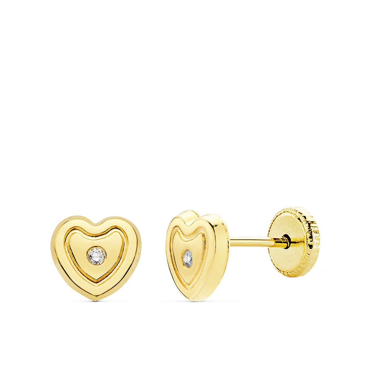 18K PENDIENTES ORO AMARILLO CORAZON CIRCONITA 6.5X6 M CIERRE TUERCA C. AMOR