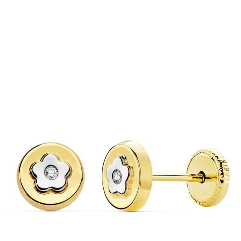 18K PENDIENTES REDONDO ORO BICOLOR 6 MM CIERRE TUERCA