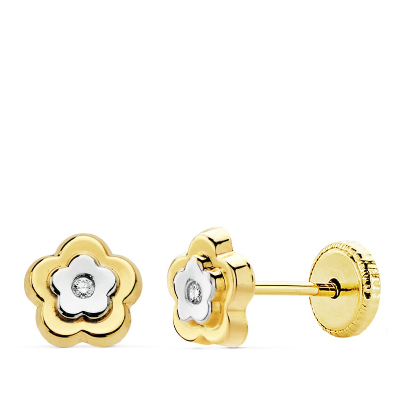 18K PENDIENTES FLOR ORO BICOLOR 6X6 MM CIERRE TUERCA