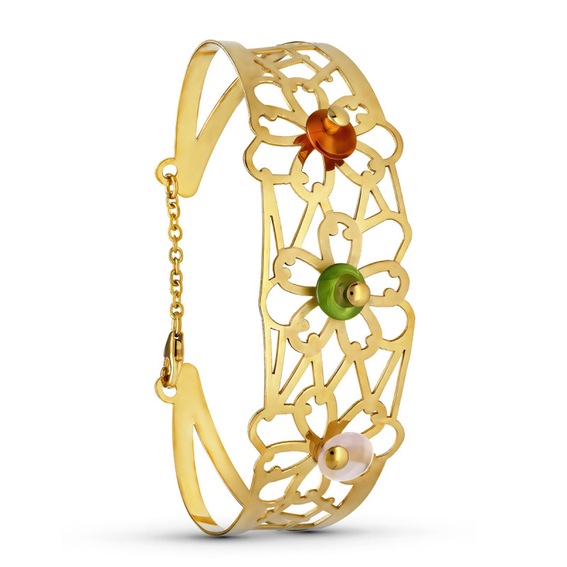 18K PULSERA RIGIDA ORO AMARILLO FLORES RIGIDA 21 MM