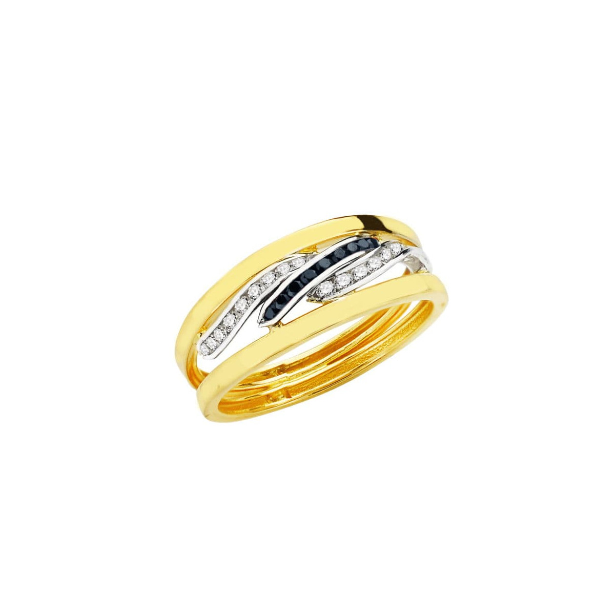 18K SORTIJA ORO BICOLOR BANDAS Y CIRCONITA BLANCAS Y AZULES. ANCHO CUERPO 6 MM