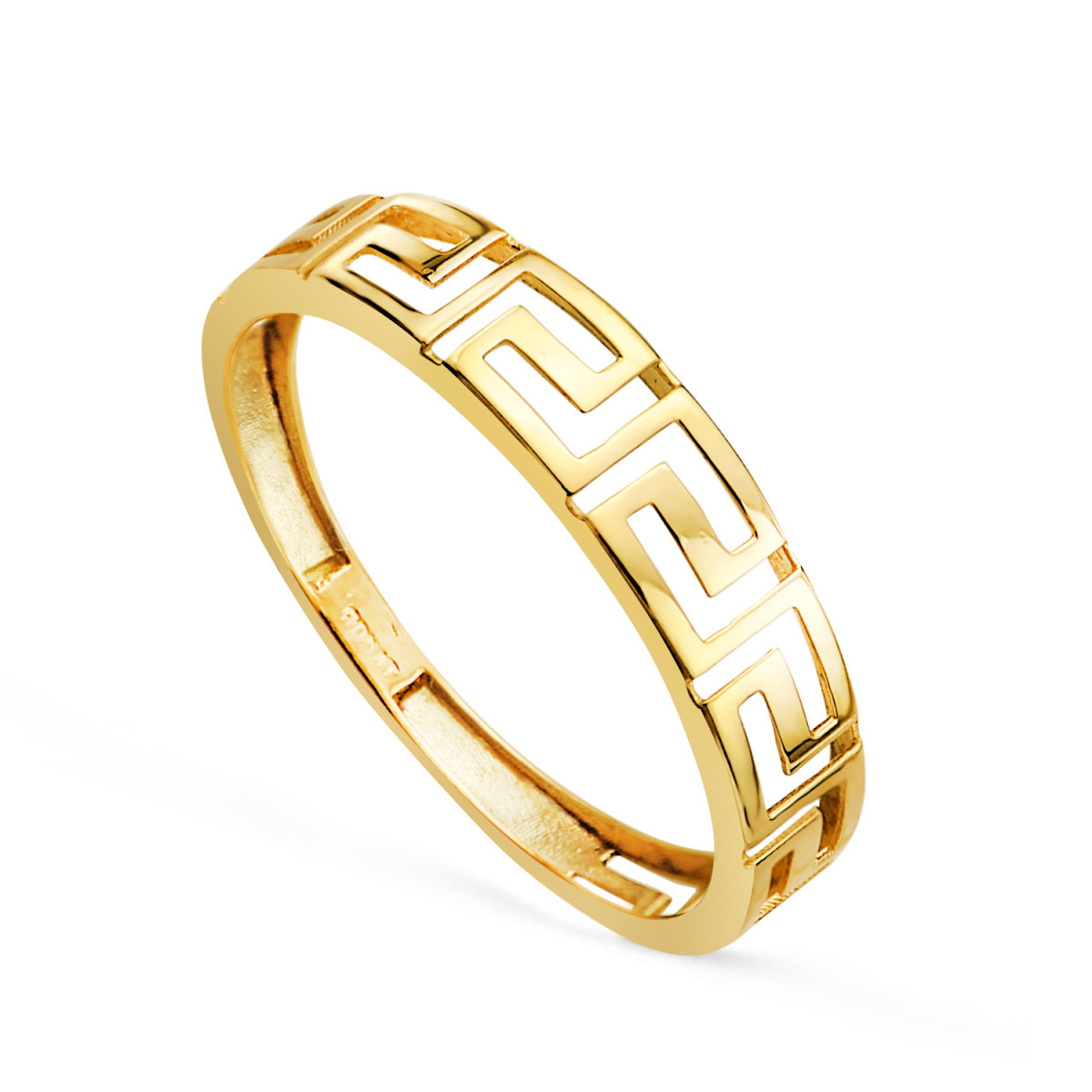 18K SORTIJA ORO AMARILLO LISA GRECA CALADA EN BRILLO. ANCHO: 4 MM