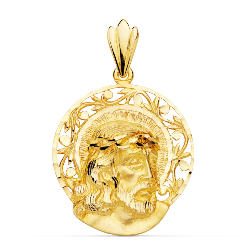 18K COLGANTE ORO AMARILLO CABEZA DE CRISTO AUREOLA 29X27 MM