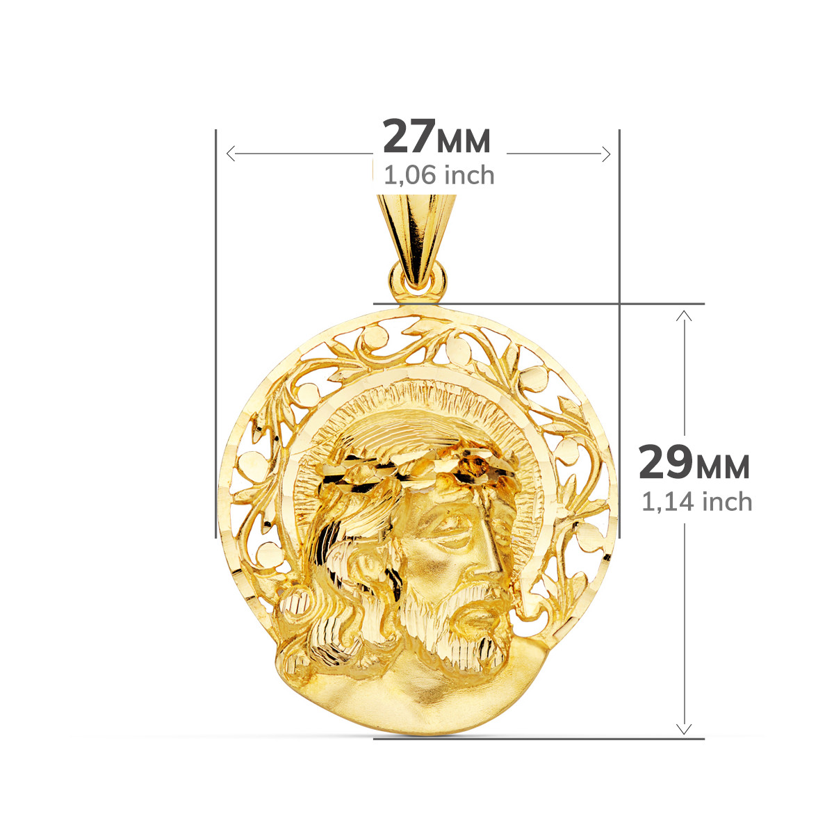 18K COLGANTE ORO AMARILLO CABEZA DE CRISTO AUREOLA 29X27 MM