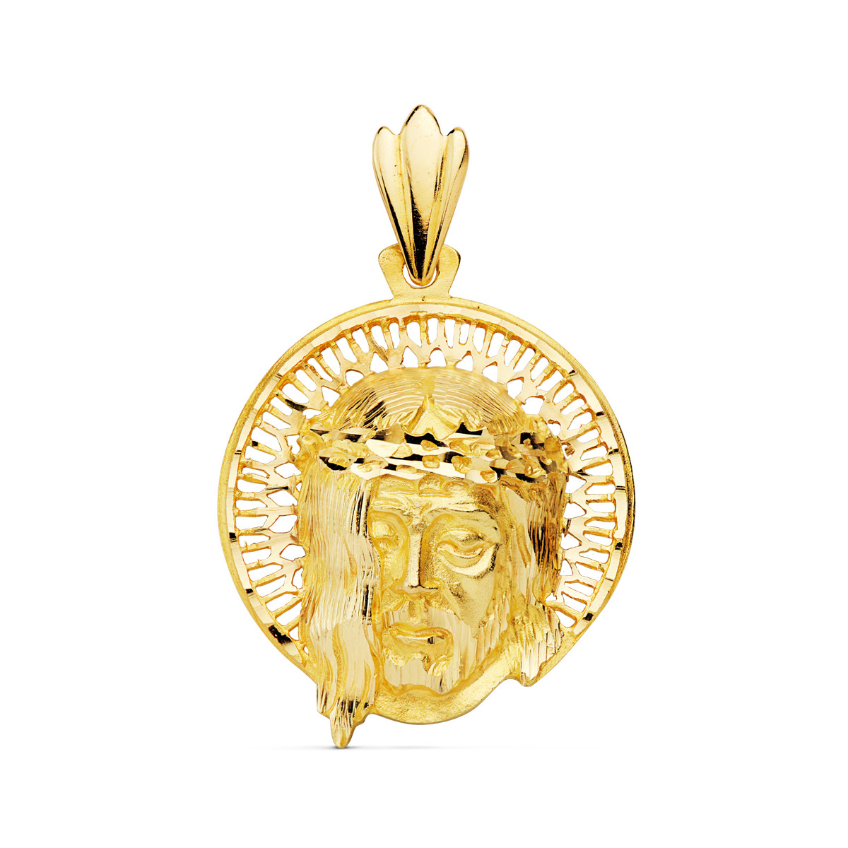 18K COLGANTE ORO AMARILLO CABEZA DE CRISTO AUREOLA 29X26 MM