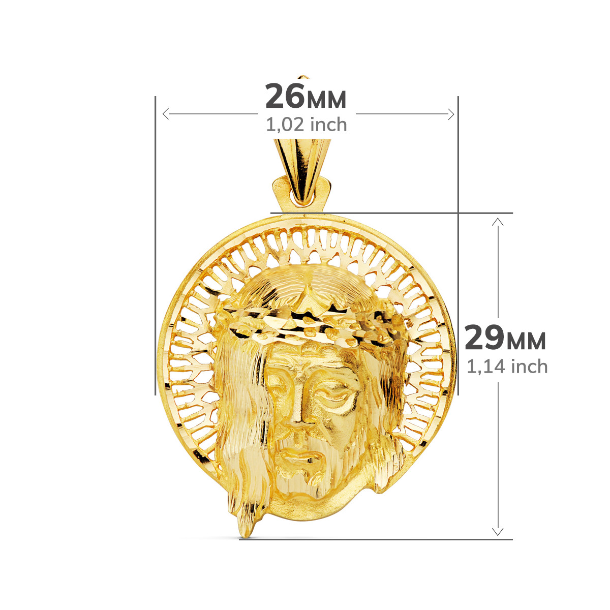 18K COLGANTE ORO AMARILLO CABEZA DE CRISTO AUREOLA 29X26 MM