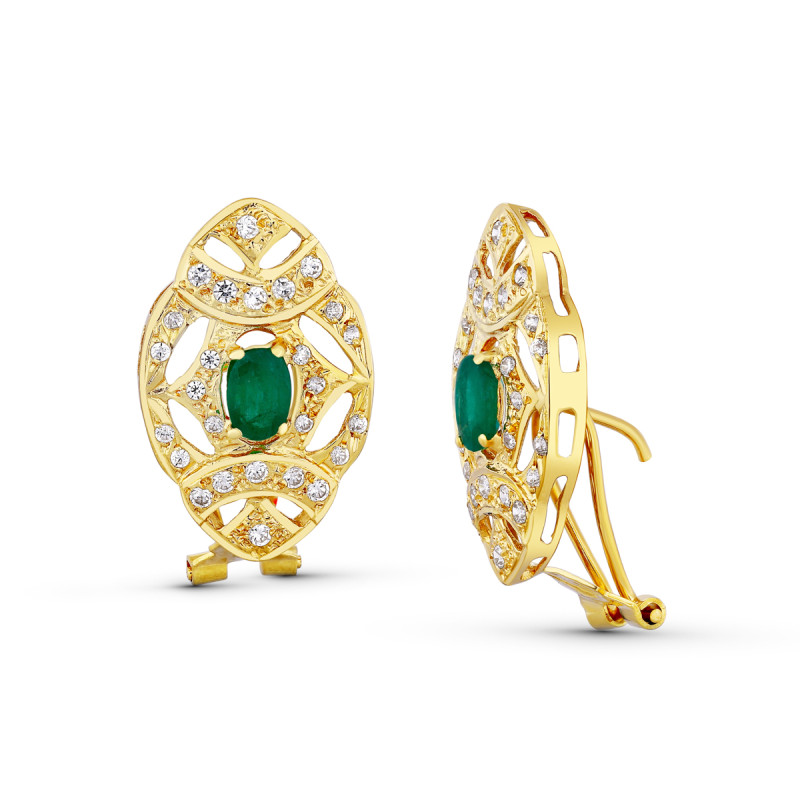 18K PENDIENTES ORO AMARILLO PIEDRA FINA 24X14 MM CIERRE OMEGA