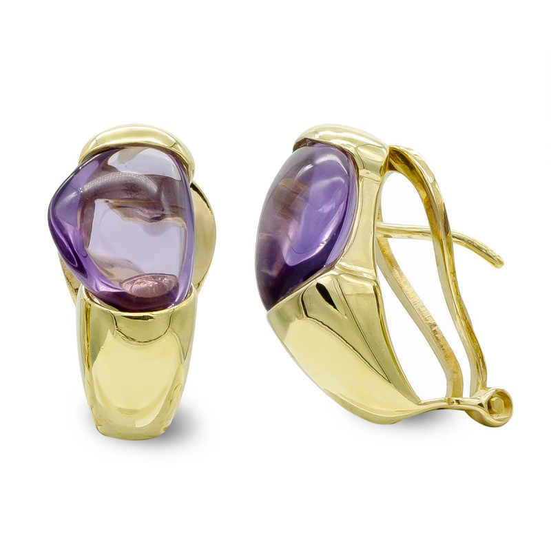 18K PENDIENTES ORO AMARILLO PIEDRA DE COLOR OVAL CIERRE OMEGA