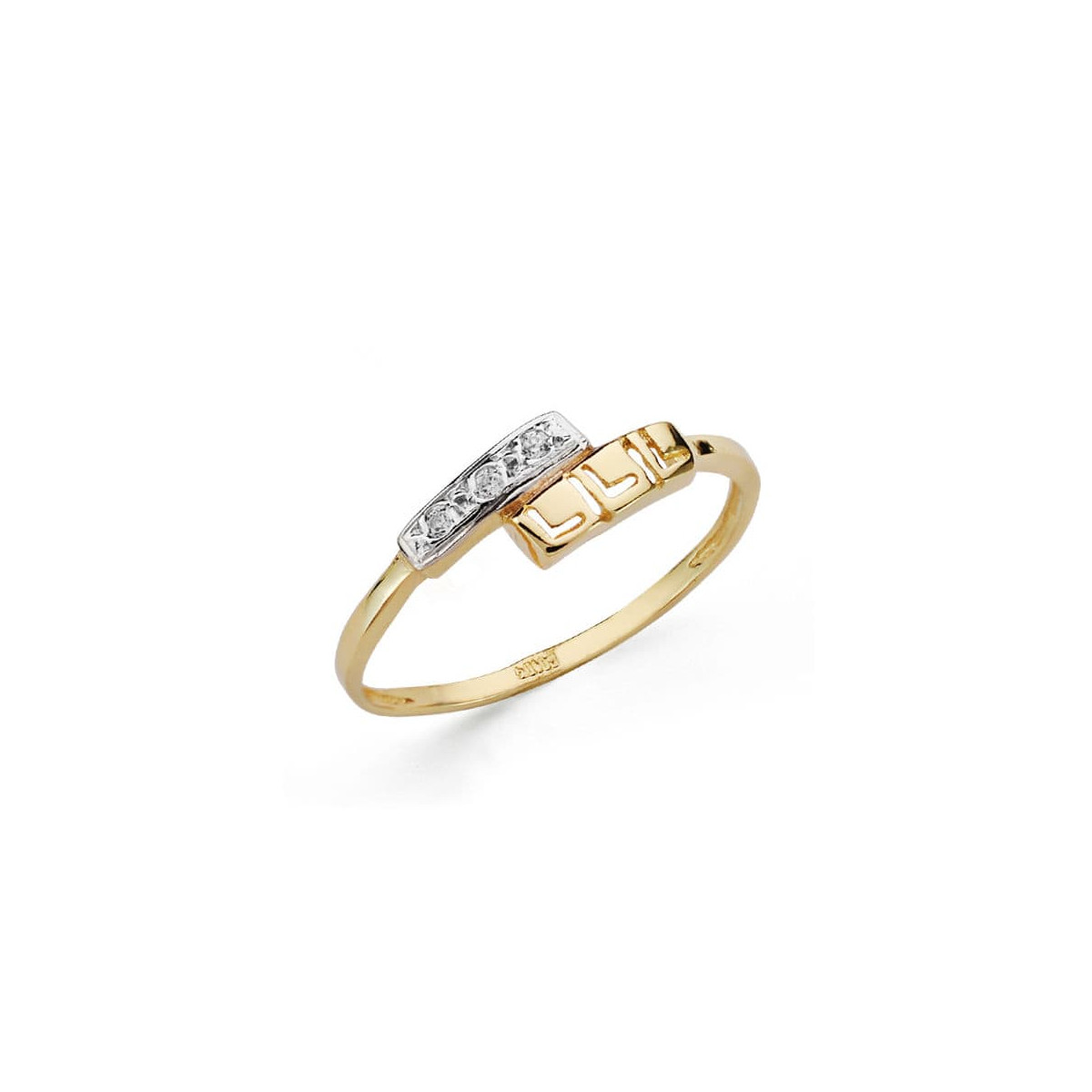 18K SORTIJA ORO BICOLOR CON MOTIVO CALADO GRECA Y CIRCONITA. ANCHO: 5,5 MM