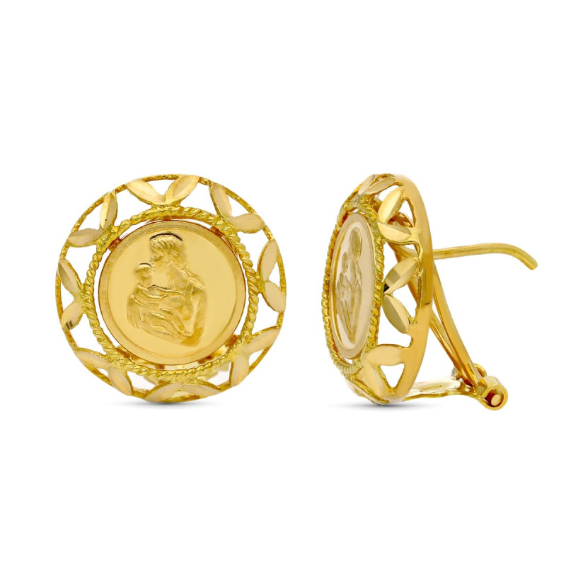 18K PENDIENTES ORO AMARILLO MADRE REDONDOS 16X16 MM CIERRE OMEGA