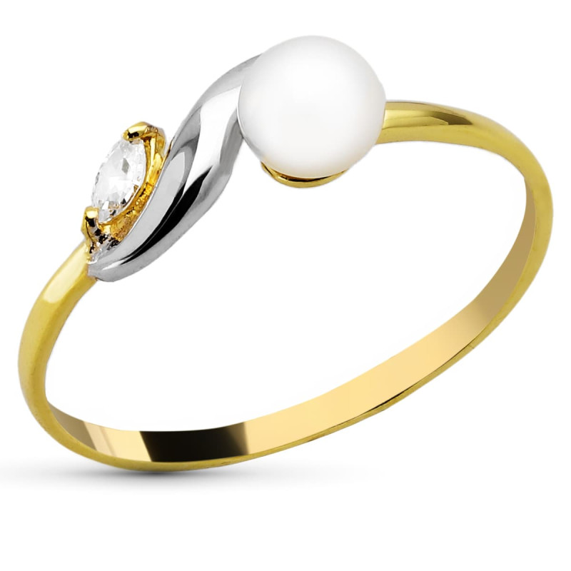 18K SORTIJA ORO BICOLOR CON PERLA 4,5 MM Y CIRCONITA MARQUISE. ANCHO:  6 MM
