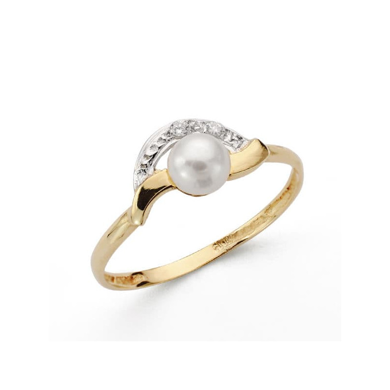 18K SORTIJA ORO BICOLOR CON PERLA DE 5 MM Y CIRCONITAS. ANCHO: 7 MM