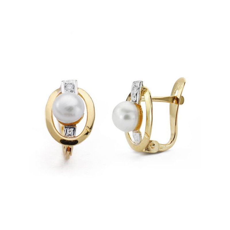 18K PENDIENTES ORO BICOLOR COMUNION PERLA CIRCONITA 10X7 MM CIERRE CATALAN