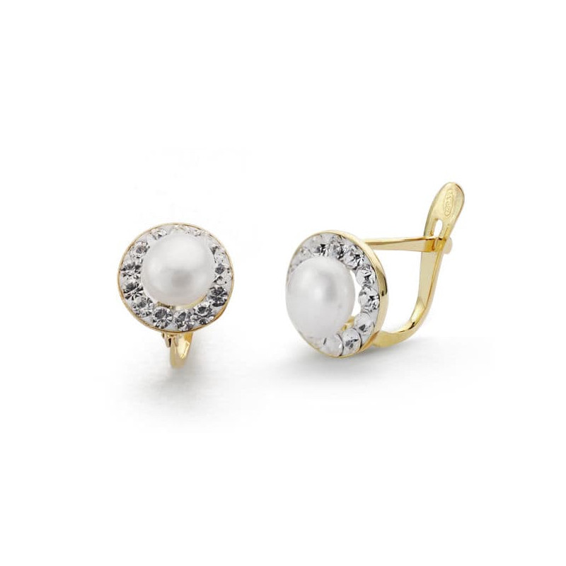 18K PENDIENTES ORO BICOLOR COMUNION PERLA Y CIRCONITA 8 MM CIERRE CATALAN
