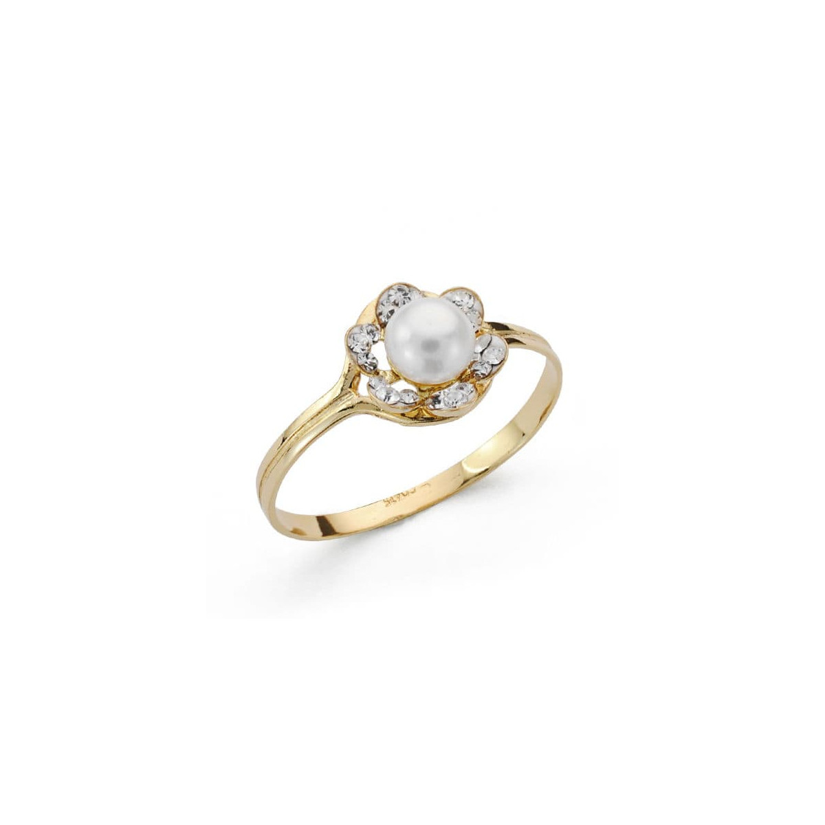 18K SORTIJA ORO AMARILLO FLOR CON PERLA Y CIRCONITA. ANCHO: 8 MM