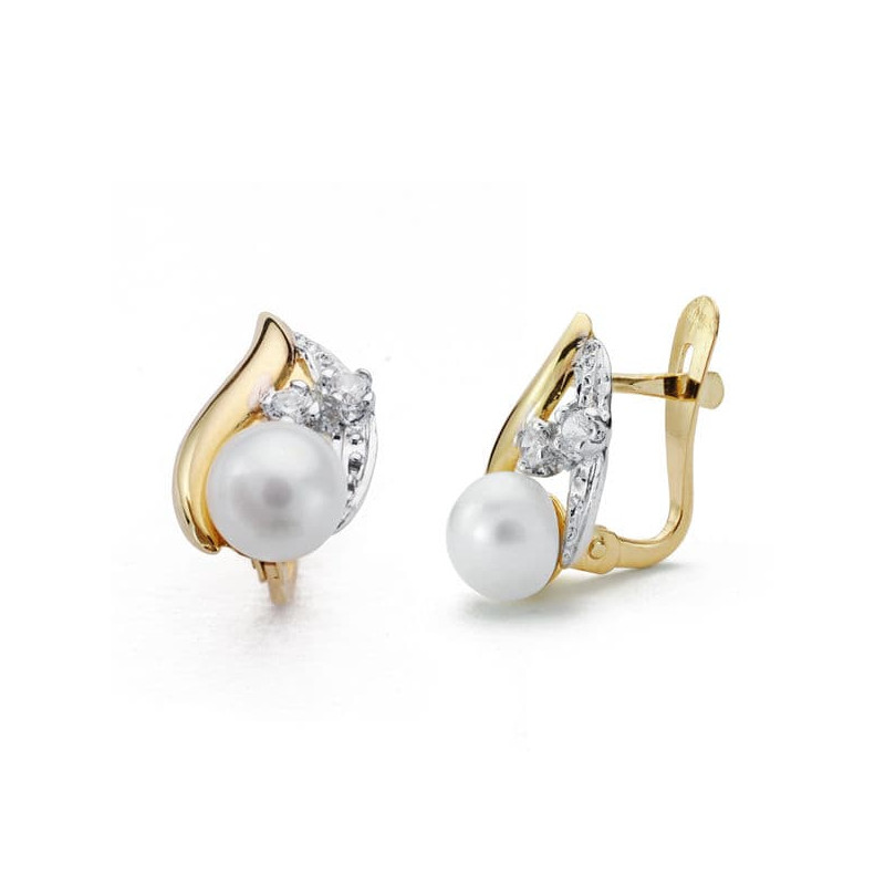18K PENDIENTES ORO BICOLOR COMUNION. PERLA CIRCONITA 12X7 MM CIERRE CATALAN