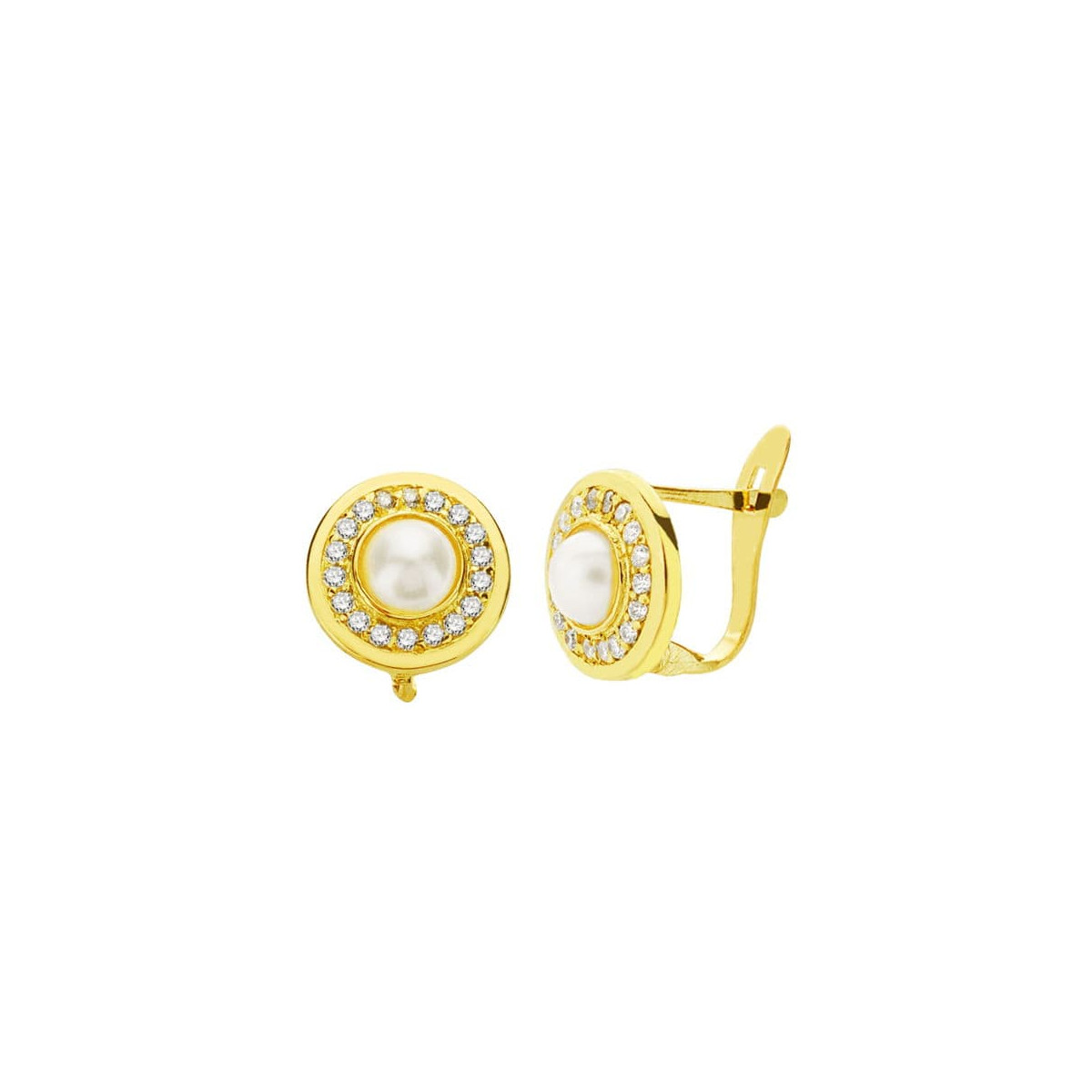 18K PENDIENTES ORO AMARILLO PERLA Y CIRCONITA 9 MM CIERRE CATALAN