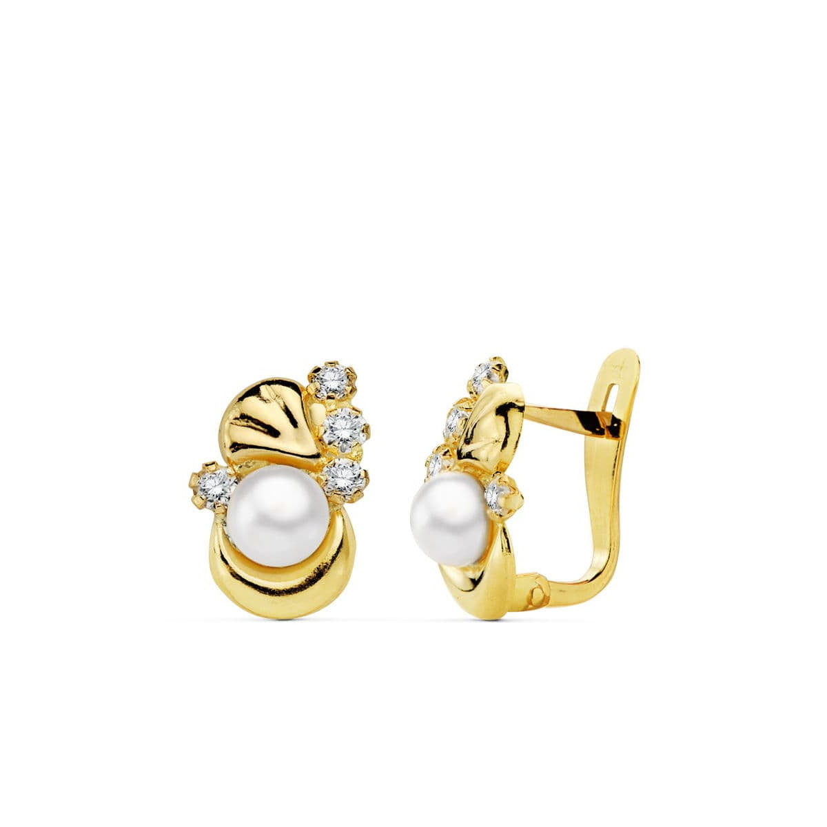 18K PENDIENTES ORO AMARILLO PERLA Y CIRCONITA 12X8 MM CIERRE CATALAN