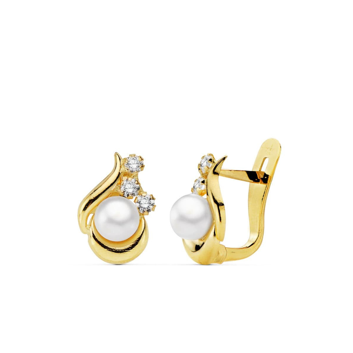 18K PENDIENTES ORO AMARILLO PERLA Y CIRCONITA 11X8 MM CIERRE CATALAN